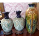 A pair of 19th Century Lubbocks Langley lace stencilled stoneware vases, and a Belgian art pottery