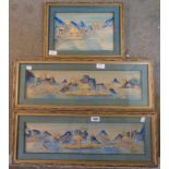 A pair of Oriental cork picture landscapes together with a smaller example - two signed with