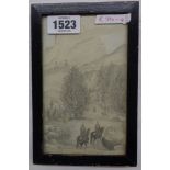 A small framed pencil and white pencil drawing on paper depicting mounted soldiers wearing Ottoman