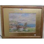 A. Birbeck: a gilt framed and slipped watercolour, depicting a flock of sheep on hills above a South