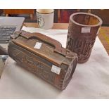 A Chinese carved bamboo brush pot sold with a similarly carved bamboo holdall