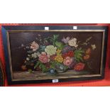 A ebonised and gilt lined framed oil on panel in the antique style still life with vase of flowers