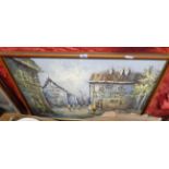 Bernard: a framed mid 20th Century oil on canvas depicting a Continental street scene with figures