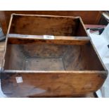 A 13" old Oriental polished wood curved box shaped carrying container with iron bracing, central