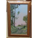 George Deakins: a framed oil on canvas, depicting figures and animals by a lakeside - signed and