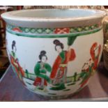 A 20th Century Chinese famille verte jardiniere decorated with figures in a predominantly green
