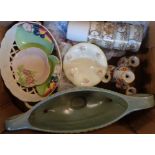 A box of assorted china including Wedgwood basket, Noritake, Carltonware, etc.