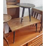 A small Victorian black lacquered cricket table - sold with a retro oak topped tea table