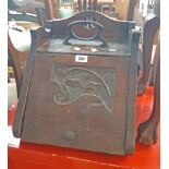 A Victorian stained oak slope fronted coal box with iron handle and metal liner - hinge a/f