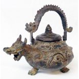 A 6" antique Chinese bronze teapot, in the form of a dragon, with three feet, dragon head spout