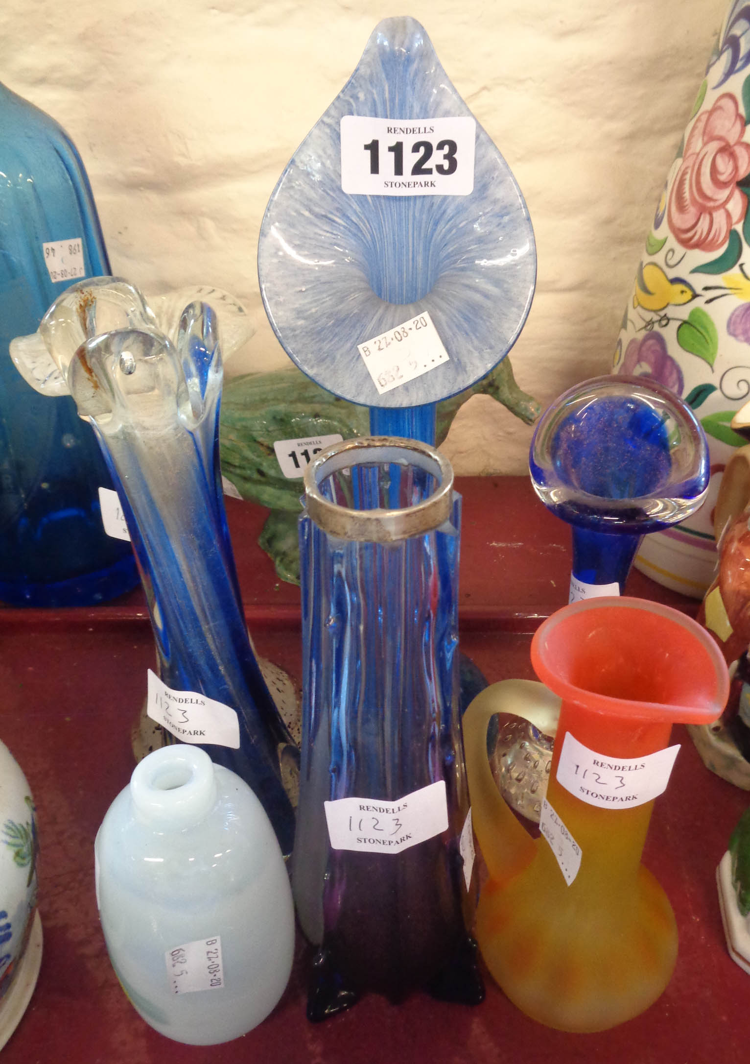 Seven art glass vases including one with silver collar and a jack-in-the-pulpit - various condition - Image 2 of 3