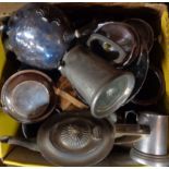 A box containing assorted metalware including an aluminium coffee pot with pewter tennis player