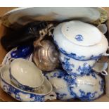 A box of assorted items including blue and white transfer print tureens, Duchess part tea set,