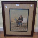 An oak framed early 20th Century Oriental school watercolour, depicting two farm workers in a field