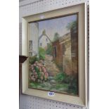 Lillian Larbury: a vintage framed oil on board, depicting village steps and buildings - signed