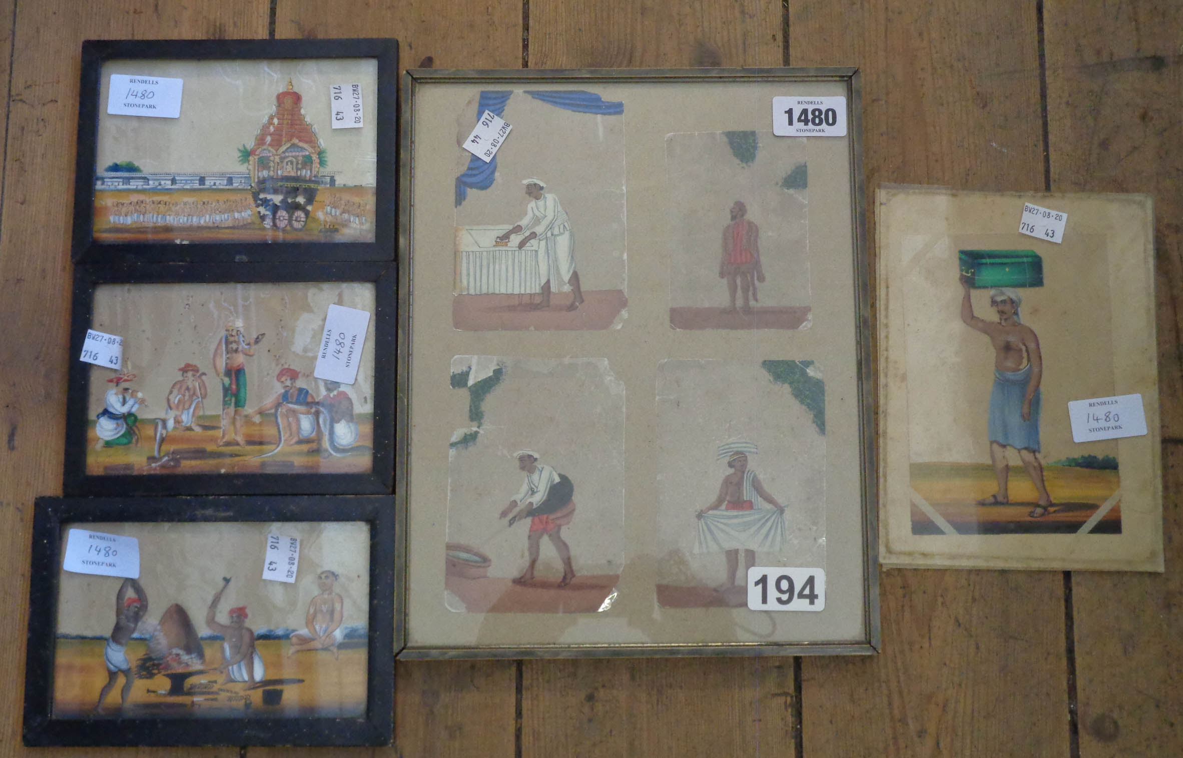 Five framed Moghul paintings on Mica, depicting a procession, snake charmers and other figures - - Image 2 of 3