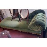 A 6' Victorian rosewood framed chaise longue with button back green velour upholstery, set on
