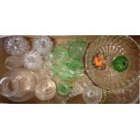 A box of assorted glassware including paperweights, cut glass powder bowl, etc.