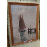 A.W. Higham: a framed oil on canvas, depicting a twin masted sailing boat and jetty - signed - paint