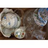 A box of assorted china and glassware including Japanese eggshell, Fieldings Crown Devon dish, etc.