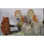 Two Beswick Barn Owl 2026 figures - sold with a Beswick Yorkshire Terrier 1944, Jack Russell, and