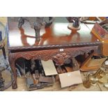 A 3' 6" reproduction mahogany ornate side table with carved basket of fruit and acanthus scrolls