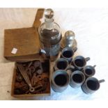 A spring-loaded bottle, box of buttons and keys - sold with a bag of pewter measures
