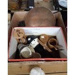 A Box Containing assorted kitchenalia, pans, moulds, brass, copper, etc.