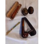 A bag of collectable items including cased Briar pipe with silver collar and amber stem, a cased