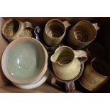 A box of assorted studio pottery including Tremaen standard ware, etc.