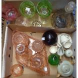 A box containing assorted pottery and glassware including child's part tea set, paperweight, fishing
