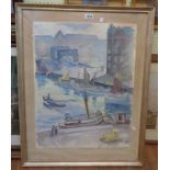 Carl Jonsen: a framed watercolour, depicting a French quay side scene - bearing Arches Papier