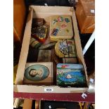 A box containing twelve Advertising Tins Including Marmite Cubes, Butlins etc