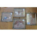 A set of four small gilt framed late Moghul paintings on Mica, depicting various figures -