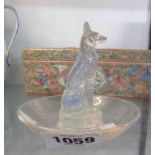 An R. Lalique opalescent glass pin dish with seated German Shepherd dog Chien pin dish No. 290,