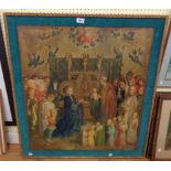 A large gilt framed and velvet slipped reproduction icon coloured print, depicting a group of