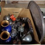 A box of silver plated and other pewter items, etc.