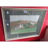 Two framed coloured prints, one depicting a view of Selworthy, Somerset, the other Tealby,