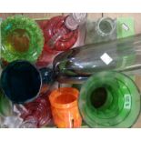 A box containing assorted coloured art glass including cranberry, carnival, etc.