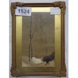 A small easel framed early 20th Century Chinese painting, depictring a cock fighting scene - with
