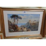 A gilt framed chromolithograph, depicting a continental coastal scene with figures and donkey on a