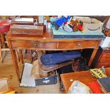 A 3' 10" 20th Century mahogany and ebony strung serpentine front side table with two frieze drawers,