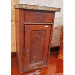 A 19th Century flame mahogany veneered pot cupboard with drawer and associated marble top - a/f
