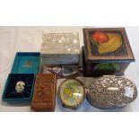 A box containing assorted boxes including carved wood, mother of pearl and modern Bilston enamel