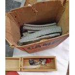 A box containing asorted vintage Tri-Ang railway track and a model aeorplane engine - for