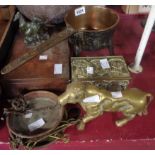 A quantity of metalware and early 19th Century bronze trivet, Cries of London brass box, scales,