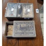 A Vintage Pewter Cigarette Box with Inset Hunting Scene Panels - sold with a novelty study pottery