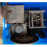 A crate containing three wooden framed wall clock movements and dial - various condition