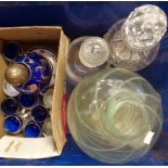 A box containing assorted glass and china including decanters, Venetian liqueur set, Booths