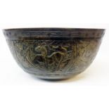 An Antique Bronze Bell Bowl Decorated with Embossed Panels Depicting Storks, Deer, Fish Etc With 6